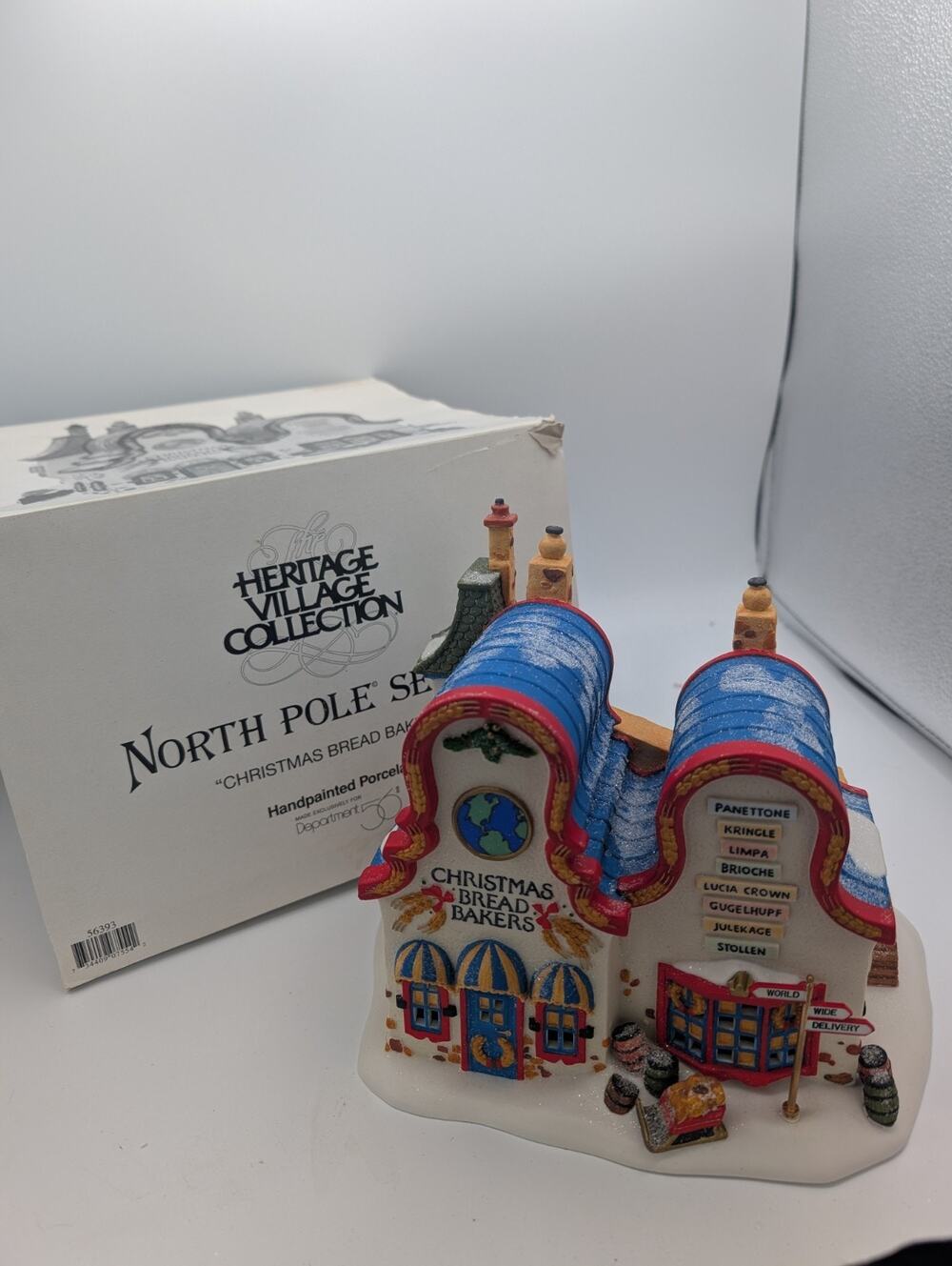Dept 56 Heritage North Pole Series Christmas Bread Bakers Box & Light Mint VTG